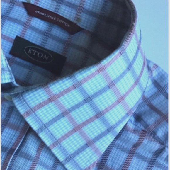 ETON wrinkle free cotton light blue checkered shirt Sz 16 /16.5 made in Europe’ - Picture 7 of 7